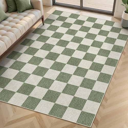 Machine Washable 5x7 Area Rugs for Living Room Checkered, Non Slip Soft Low Pile Farmhouse Geometric Modern Neutral Playroom Boys Rugs for Bedroom, Large Carpet Rugs for Dining Room(Sage Green,5'x7')