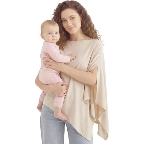 PATPAT Nursing Cover for Breastfeeding, Soft Breathable Bamboo Viscose Privacy Poncho, Multi-Use Breastfeeding Cover for Moms, Portable Nursing Shawl & Baby Blanket(Beige)
