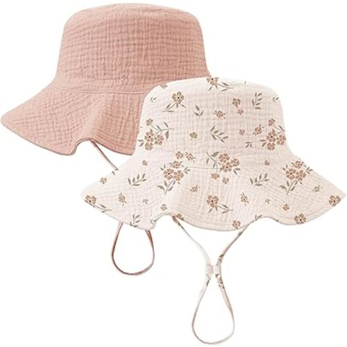 Konssy 2 Pack Muslin Baby Sun Hat UPF 50+ Sun Protection Cotton Baby Bucket Hat Summer Beach Hats with Wide Brim for Girl Boy