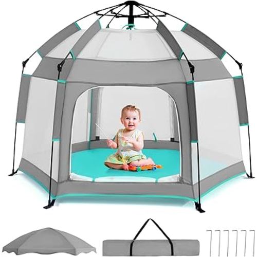 Baby Playpen with Canopy, Portable Baby Beach Tent, Toddler Play Yard Indoor and Outdoor, Foldable Mosquito Net for Infant - Grey