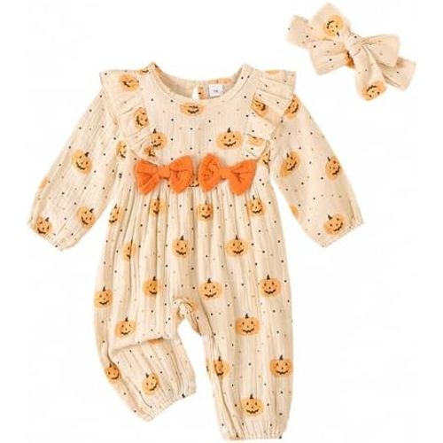 Newborn Baby Girl Halloween Outfit Cotton Linen Pumpkin Jumpsuit Romper Ruffle Sleeve Bodysuit Long Overalls with Bow