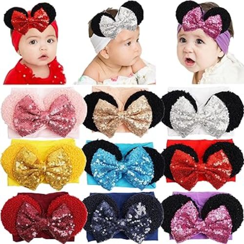 CellElection 9 Pack Mouse Ears Sequin Headbands 6Inch Large Big Sparkly Glitter Sequin Hair Bows Soft Nylon Hairbands Hair Accessories for Baby Girls Newborns Infants Toddlers Babies…