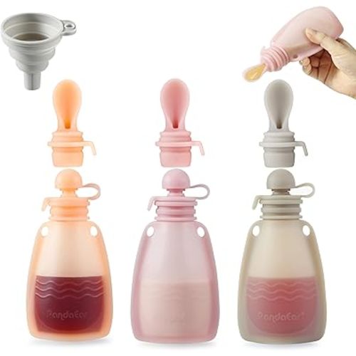PandaEar 3 Pack Reusable Silicone Baby Food Pouches Squeeze Pouches for Toddler Kids with 3 Silicone Puree Feeder Spoon BPA-Free Silicone Refillable Baby Food Storage 5.5oz(Dark pink/Light Pink/Linen)