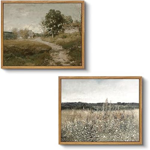 VIYYIEA Two Vintage Framed Wall Art, Country Road and Flower Field Painting Decor Aesthetic, Small Canvas Print Artwork, Farmhouse Landscape Wall Pictures for Bedroom Barthroom, 9x11 Inch,Set of 2