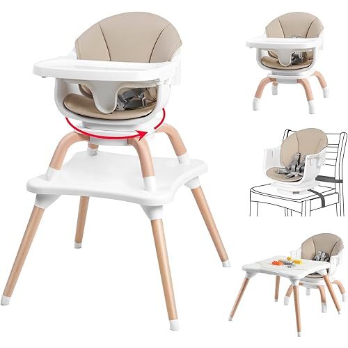 Baby High Chair, 7 in 1 Convertible High Chairs for Babies and Toddlers, Kids Learning Table, Building Block Table, Toddler Dining Chair with 360° Rotating Seat, 5-Point Safety Harness (Khaki)