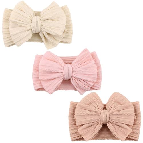 DRESHOW BQUBO Handmade Baby Headbands Soft & Stretchy Hair Bands with Bows Nylon Bows Hairbands for Girls Newborn Infant Toddlers Hair Accessories 3 pack