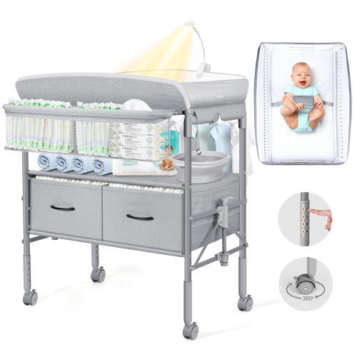 Orzbow Baby Changing Table with Nightlight, Foldable Diaper Table, Waterproof Diaper Changing Station with Safety Belt, 4-Level Height Adjustable and 2 Drawers, Mobile Nursery for Infant and Newborn