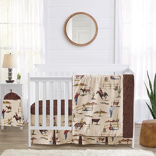 Sweet Jojo Designs 4-Piece Baby Crib Bedding Set (Western Cowboy) for Boys, Infants/Nursery incl. Blanket, Fitted Sheet, Skirt, Diaper Stacker (Country, Farm, Horse Ranch, Wild West, Southern Charm)