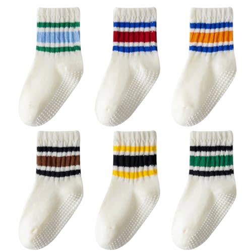 Wamvp Toddler Grip Socks with Non-Slip, Unisex Baby Retro Stripe Seamless Crew Ankle Cotton Socks for Girls Boys 6 Pairs