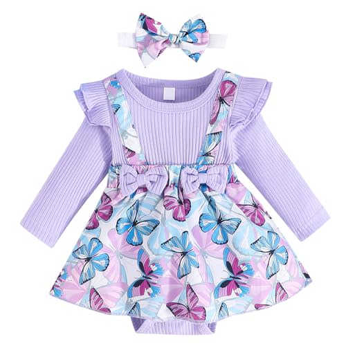 Kunyeah Baby Girl Clothes Outfit Infant Ribbed Bodysuit Long Sleeve Butterfly Print Romper Dress Newborn Skirt with Headband