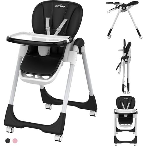 Baby High Chair with 4 Wheels for Babies & Toddlers,for 6 Months-6 Years,Up to 110 LBs/50kg,Removable Dishwasher Meal Tray,Adjustable Backrest Footrest Tray Positions Seat Heights (Black)