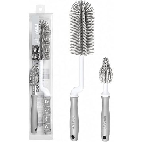 Moyuum Silicone Baby Bottle and Nipple Brush Set | Made in Korea, 360 Degree Rotating Handle, Soft Bristles, Hanging Hole for Quick Drying and Storage, Dishwasher Safe (Cool Grey)