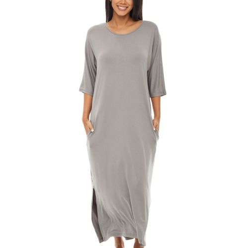 ADR Women's Soft Knit Caftan Nightgown, Loungewear Oversized Pajamas Long Sleep Dress with Pockets Steel Gray Small