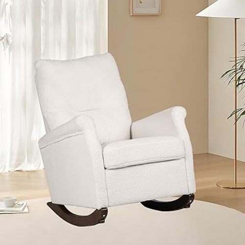 Rocking Chair Nursery, Nursing Rocking Chairs for Mom Nursery, Teddy Rocker Glider Chair with High Backrest, Reading Chair for Living Room, Bedroom, White