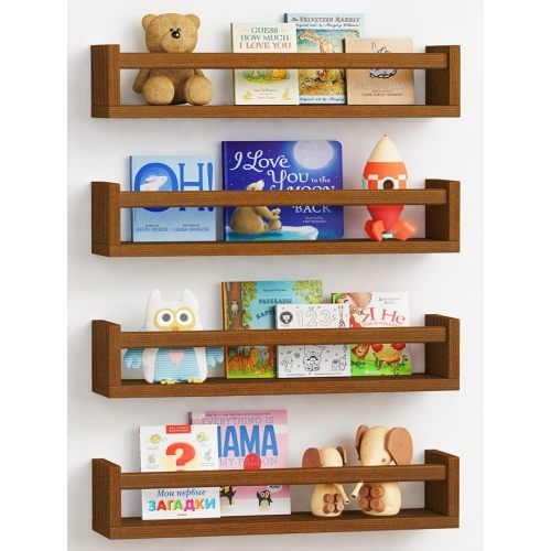 Forbena Dark Wood Nursery Kids Bookshelf Wall Mounted, Wooden Floating Nursery Book Shelves for Wall, Hanging Kids Bookshelves for Toddler Baby Room Bedroom Bathroom (Solid Pine, Walnut Brown, 4 Pack)