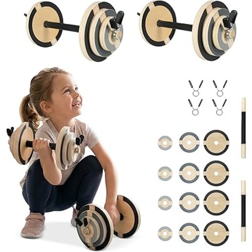 Play Platoon Wood Kids Workout Equipment Weight Set for Indoor Toddler Gym, Kid Exercise Equipment Weights Sets for Boys & Girls with Real Barbell Clips