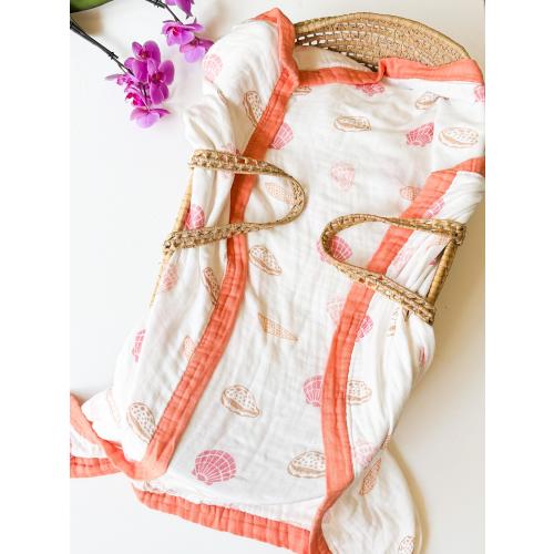 100% Organic Bamboo & Cotton Seashell Muslin Baby Blanket or Swaddle, Boho Mermaid Gift For newborns or kids, Perfect Ocean Nursery Decor