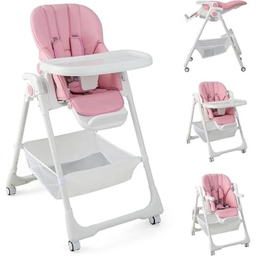 BABY JOY Baby High Chair, Foldable Highchair w/ 7 Heights, 5 Recline Positions, Adjustable Footrest, Removable Double Tray, Storage Basket, Portable High Chairs for Babies & Toddlers with Wheels, Pink