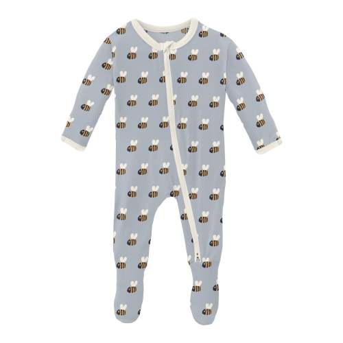 Print Footie with 2 Way Zipper in Pearl Blue Baby Bumblebee