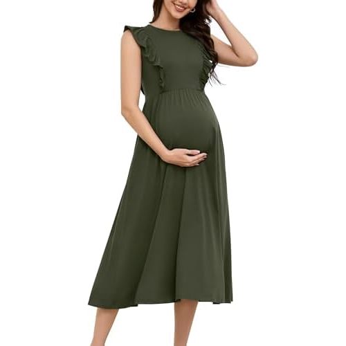 OUGES Womens 2025 Spring Hidden Zipper Nurisng Dress for Breastfeeding Casual Sleeveless Ruffled Midi Maternity Dress