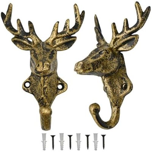 Maydahui 2 Pcs Retro Brass Deer Head Hooks Vintage American Country Style Gold Cast Iron Reindeer Elk Hanger Hooks(4.33 x 6.3 inch) for Coat Rack Key Holder Christmas Party Gift Home Decor