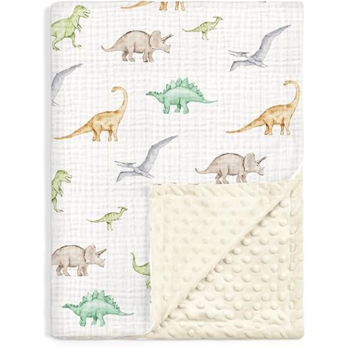 Dinosaur Baby Blankets for Boys, Newborn, Soft Nursery Minky Blankets with Muslin and Dotted Fleece Back 30x40 inches, Receiving Bed Quilt for Infants, Toddlers