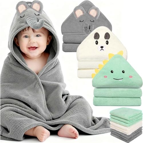 12 Pcs Baby Towels and Washcloths Set, Hooded Baby Towel, Soft and Absorbent Baby Bath Towels, 3 PCS Cute 32x32 in Baby Towel with Hood and 9 Pcs Baby Washcloths for Boys and Girls