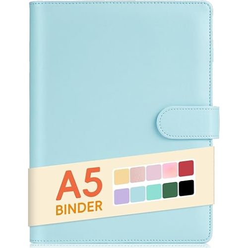 Sooez A5 Notebook Photocard Binder, 6 Ring Planner, Stylish Loose Leaf Personal Organizer Cover with Magnetic Buckle, PU Leather Binder Women with Macaron Colors (Mint Blue)