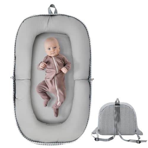 Baby Lounger, Foldable Baby Travel Bassinet with Soft Memory Foam Mat, Converts to Backpack Baby Travel Nest for Newborn Infant Babies 0-12 Months (Thousand-Bird Grey)