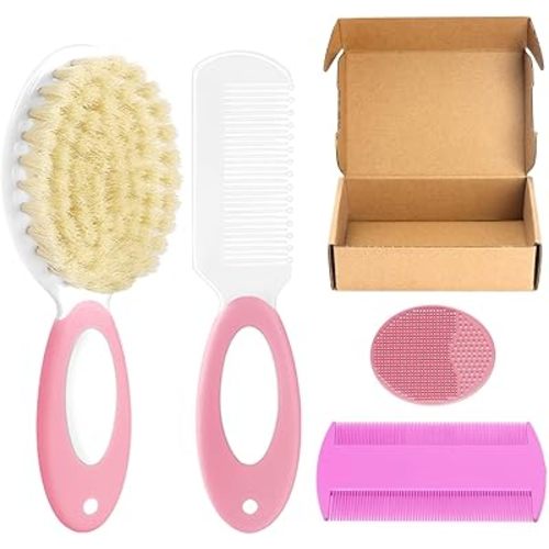 Baby Hair Brush and Comb Set, 4Pcs Baby Soft Bristles Brush Cradle Cap Brush Hair Comb for Newborns Toddlers Boys Girls (Pink)