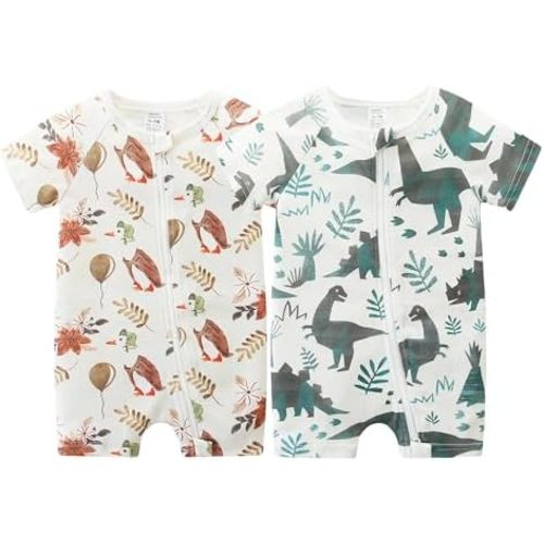 Unisex Summer Trendy 2-Pack Rompers Short Sleeve Zipped Bodysuit Infant Cotton Outfits