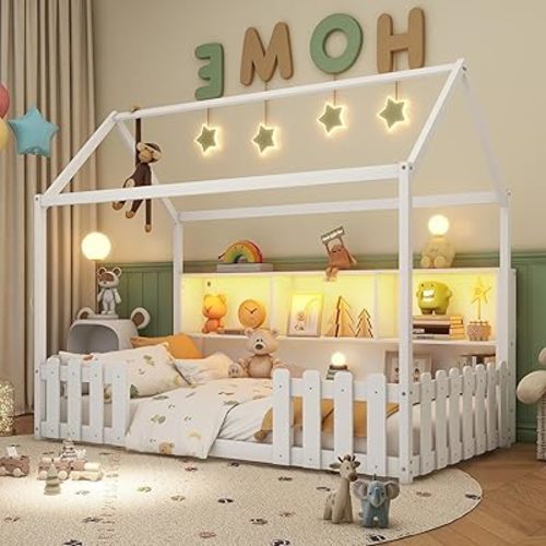 Twin House Floor Beds, Montessori Floor Bed with Storage Shelves & Fence, Wood Playhouse Bed Frame with LED Lights Strips for Teens, Girls, Boys, White