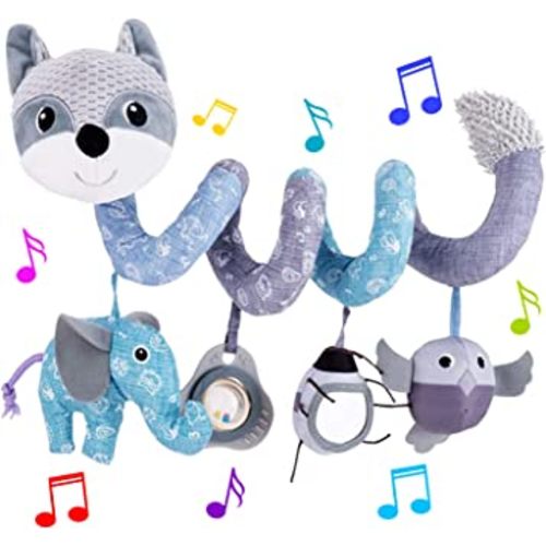 HILENBO Car Seat Toys, Infant Baby Spiral Activity Hanging Toys for Car Seat Stroller Crib Bassinet Mobile with Music Box BB Squeaker Rattles-Gray Fox