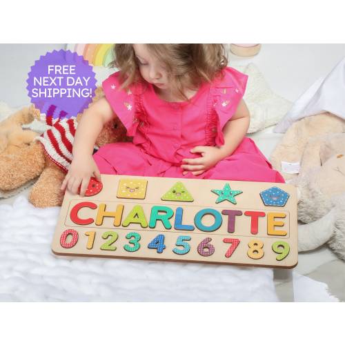 Custom Handmade Name Puzzle with Shapes, Personalized Birthday Gift for Kids, Christmas Gifts for Toddlers, Unique New Baby Gift, Wood Toy