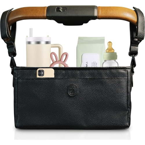 Universal Stroller Organizer with Cup Holder - Vegan Leather Stroller Caddy, 4 Built-In Pockets, Shoulder Strap, Fits Mockingbird, UppaBaby, Nuna, BOB and More