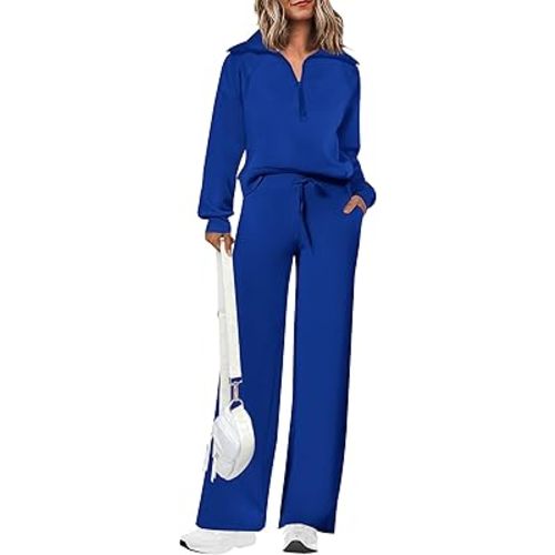 PRETTYGARDEN Women's 2 Piece Outfits Casual Lapel Half Zip Sweatshirts And Wide Leg Pants Tracksuit Sets