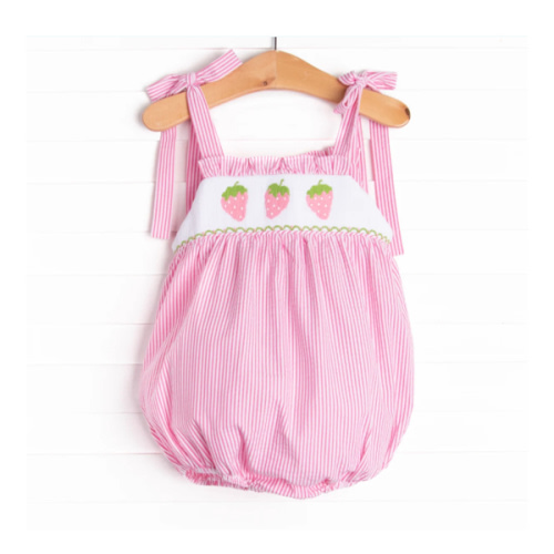 Strawberry Seersucker Smocked Bubble, Pink – Stitchy Fish - 6M