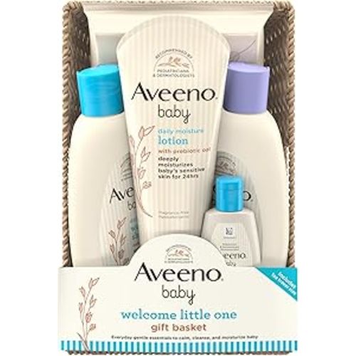 Aveeno Baby Welcome Little One Gift Basket, Baby Skincare Set with Nourishing Baby Body Wash & Shampoo, Calming Bath Wash, All Over Baby Wipes, & Daily Moisturizing Lotion, 5 Items