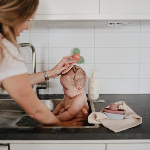 mushie Baby Bath Cradle Cap Brush | Soft Silicone Bristles for Dry Skin, Eczema, & Cradle Cap Treatment | 2-Pack (Blush/Shifting Sand)