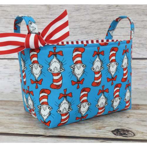 Red/ White Cat Hat Heads Fabric - Dr Seuss - Organizer Container Bin Basket Bag - Room Decor - Teacher Appreciation