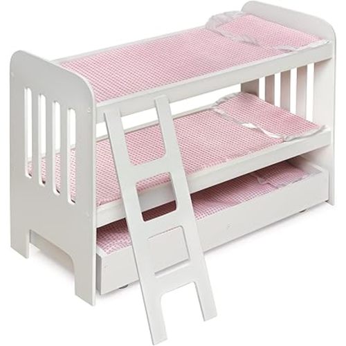 Badger Basket Doll Bunk Bed with Bedding, Ladder, and Free Personalized Kit - Fits Dolls Up to 22 Inches - Ideal for Girl Dolls and Baby Dolls for Pretend Play - White/Pink
