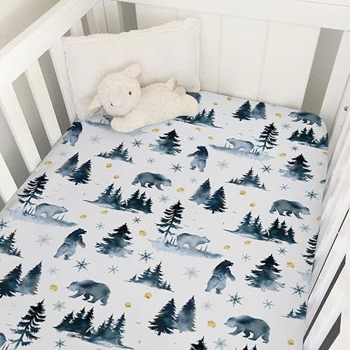Bear Snow Pine Trees Baby Crib Sheet 52''x28'' Stretchy Fitted Crib Mattress Sheet Winter Animals Soft Crib and Toddler Mattress Pad Cover for Boy Girl Nursery Bed Sheets