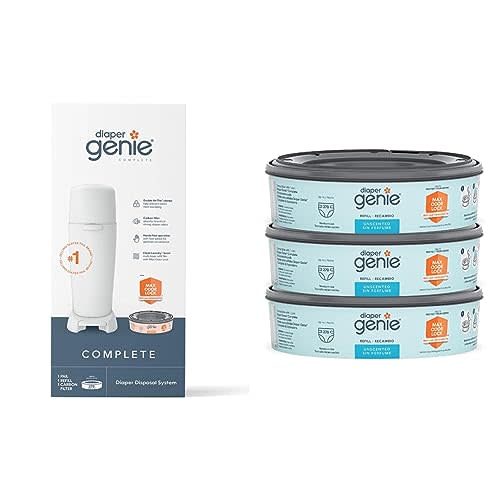 Diaper Genie Complete Diaper Pail (White) with Antimicrobial Odor Control, 1 Carbon Filter & Bags Refills 270 Count (Pack of 3) with Max Odor Lock | Holds Up to 810 Newborn Diapers