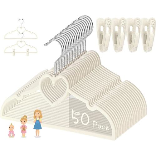 Beige Heart Velvet Baby Hangers - 50pack 13inch Toddler Hangers with 20pcs Clips, Premium Velvet Strong and Durable Baby Clothes Hangers Without Slipping, Ultra Slim and Stackable Space Saving
