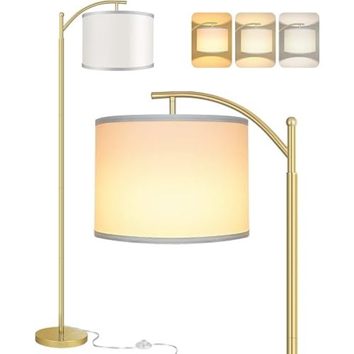 ROTTOGOON Floor Lamp for Living Room, LED Standing Lamp with White Lamp Shades Tall Industrial Floor Lamp Reading for Bedroom, Office, Study Room, 9W LED Bulb Included -Gold