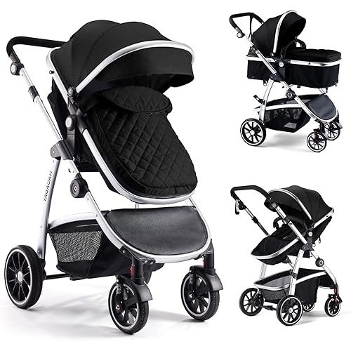 Baby Stroller, 2-in-1 Convertible Stroller with Bassinet Mode, Foldable Infant Stroller with Canopy, One Button Brake, Adjustable Handle, Newborn Stroller(Black)