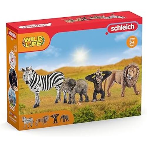 Schleich Wild Life - Starter Set, Includes 4 x Collectible Toy Animals, Zebra, Lion, Baby African Elephant and Infant Chimpanzee Animals Toys for Kids Ages 3+