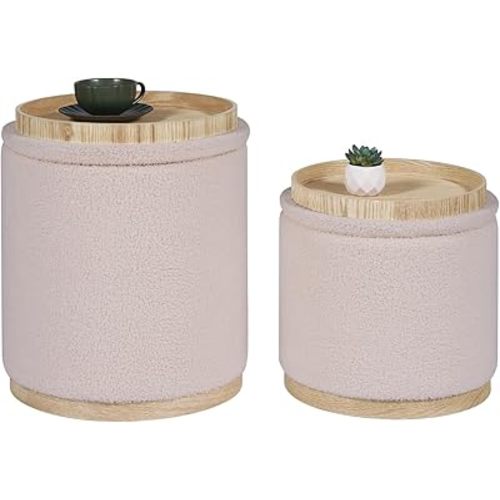PINPLUS Round Ottoman with Storage Set of 2, Vanity Stool with Storage, Small Ottoman with Tray Teddy Velvet Foot Rest Stool Ottoman for Bedroom, Living Room, Dorm (Beige)