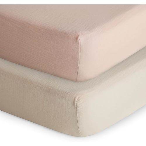 mushie Extra Soft Muslin Fitted Crib Sheet 2-Pack | 192 Thread Count | 28"x 52" (Blush/Fog)
