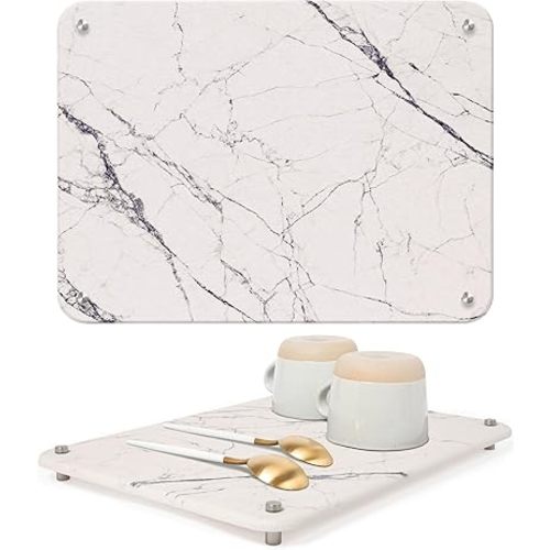 Diatomite Stone Drying Mat for Kitchen Counter - Rapid Moisture Removal - 15.7" x 11.8" Large Dish Drying Stone for Kitchen Sink - Diatomaceous Earth Quick Dry Dish Mat - White Marble
